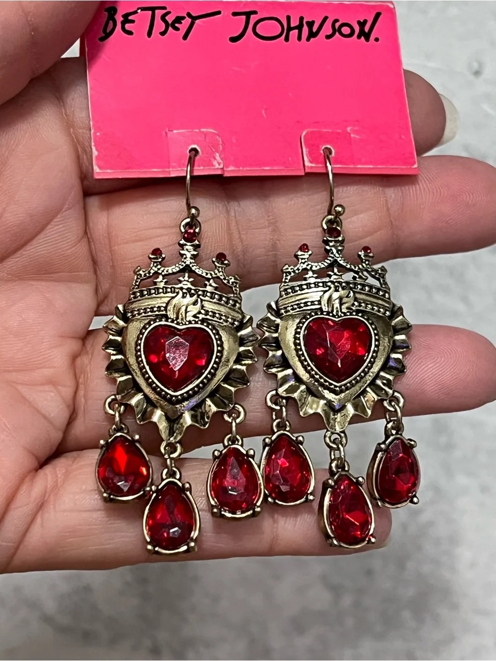 Betsey Johnson Gold-Tone Crown Heart Dangle Earrings with Red Stones